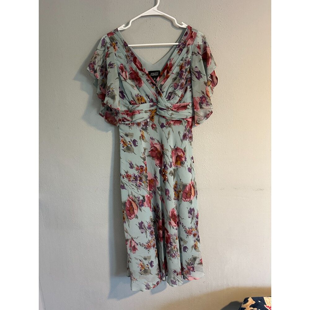 Adrianna Papell 100% Silk Floral Midi Dress Blue Flutter Sleeve Women's 8 - Picture 3 of 11